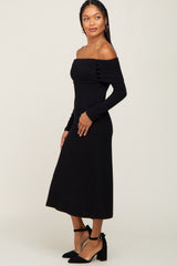 Black Ribbed Knit Foldover Off Shoulder Midi Dress