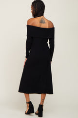 Black Ribbed Knit Foldover Off Shoulder Midi Dress