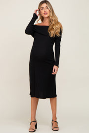 Black Ribbed Knit Foldover Off Shoulder Maternity Midi Dress