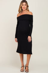 Black Ribbed Knit Foldover Off Shoulder Maternity Midi Dress