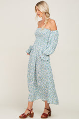 Light Blue Floral Off Shoulder Long Sleeve Maxi Dress