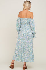 Light Blue Floral Off Shoulder Long Sleeve Maxi Dress