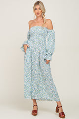 Light Blue Floral Off Shoulder Long Sleeve Maxi Dress