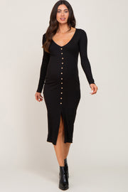 Black Ribbed Button Accent Long Sleeve Maternity Midi Dress