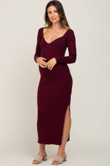 Burgundy Ribbed Side Slit Long Sleeve Maternity Maxi Dress