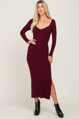 Burgundy Ribbed Side Slit Long Sleeve Maternity Maxi Dress