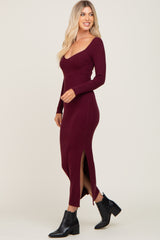 Burgundy Ribbed Side Slit Long Sleeve Maxi Dress