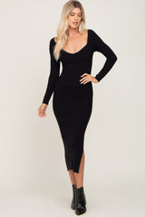 Black Ribbed Side Slit Long Sleeve Maxi Dress