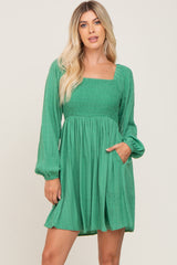 Green Smocked Long Sleeve Dress