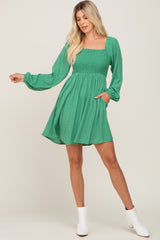 Green Smocked Long Sleeve Dress