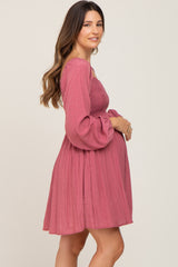 Magenta Smocked Long Sleeve Maternity Dress