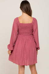 Magenta Smocked Long Sleeve Maternity Dress