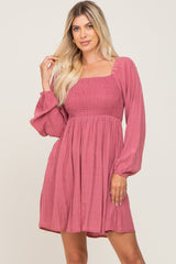 Magenta Smocked Long Sleeve Maternity Dress