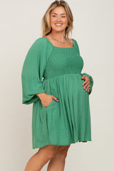 Green Smocked Long Sleeve Maternity Plus Dress