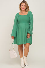 Green Smocked Long Sleeve Maternity Plus Dress