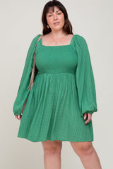 Green Smocked Long Sleeve Plus Dress