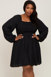 Black Smocked Long Sleeve Plus Dress