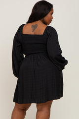 Black Smocked Long Sleeve Plus Dress