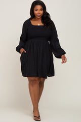 Black Smocked Long Sleeve Plus Dress