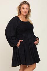 Black Smocked Long Sleeve Maternity Plus Dress