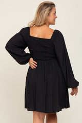 Black Smocked Long Sleeve Maternity Plus Dress