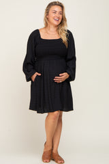 Black Smocked Long Sleeve Maternity Plus Dress