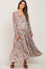 Cream Floral Long Sleeve Tiered Maternity Midi Dress