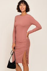 Mauve Ribbed Cinched Slit Dress