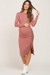 Mauve Ribbed Cinched Slit Maternity Dress