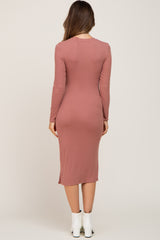 Mauve Ribbed Cinched Slit Maternity Dress