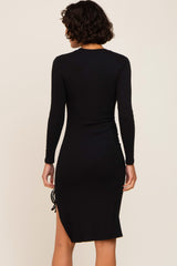 Black Ribbed Cinched Slit Dress