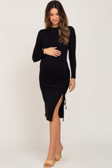 Black Ribbed Cinched Slit Maternity Dress