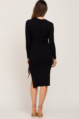 Black Ribbed Cinched Slit Maternity Dress