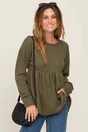 Olive Waffle Knit Long Sleeve Top