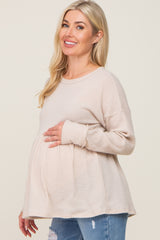 Beige Waffle Knit Long Sleeve Maternity Top