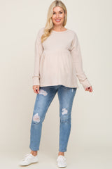 Beige Waffle Knit Long Sleeve Maternity Top