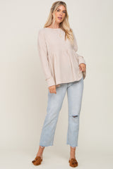 Beige Waffle Knit Long Sleeve Top