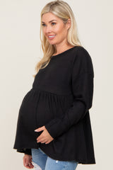 Black Waffle Knit Long Sleeve Maternity Top