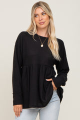 Black Waffle Knit Long Sleeve Top