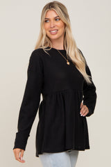 Black Waffle Knit Long Sleeve Top