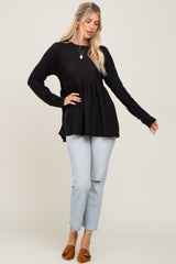 Black Waffle Knit Long Sleeve Top