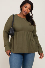 Olive Waffle Knit Long Sleeve Plus Top