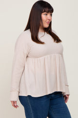 Beige Waffle Knit Long Sleeve Plus Top