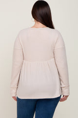 Beige Waffle Knit Long Sleeve Plus Top