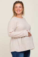 Beige Waffle Knit Long Sleeve Maternity Plus Top