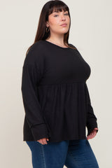 Black Waffle Knit Long Sleeve Plus Top