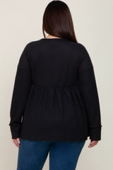 Black Waffle Knit Long Sleeve Plus Top