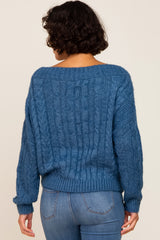 Blue Boat Neck Cable Knit Sweater