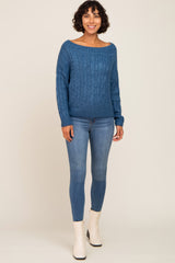 Blue Boat Neck Cable Knit Sweater