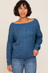 Blue Boat Neck Cable Knit Sweater